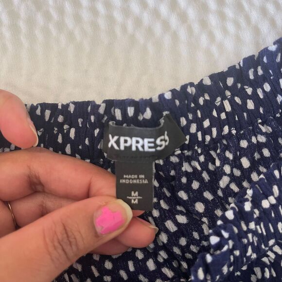 Express Dotted Tie Front Off Shoulder Dark Blue Blouse Polka Dot Top Size M - Picture 3 of 8